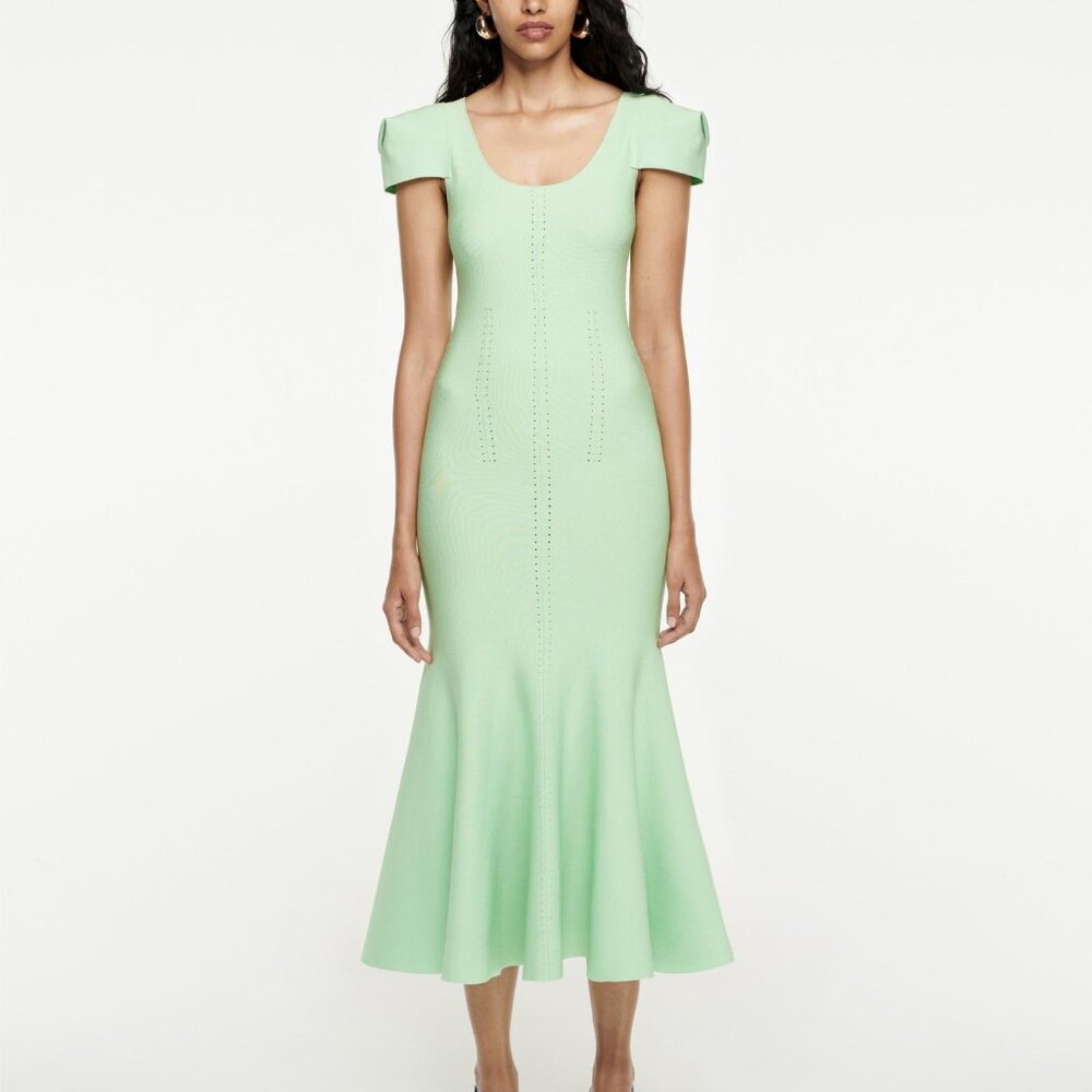 Roland Mouret Cap Sleeve Knit Midi Dress Green